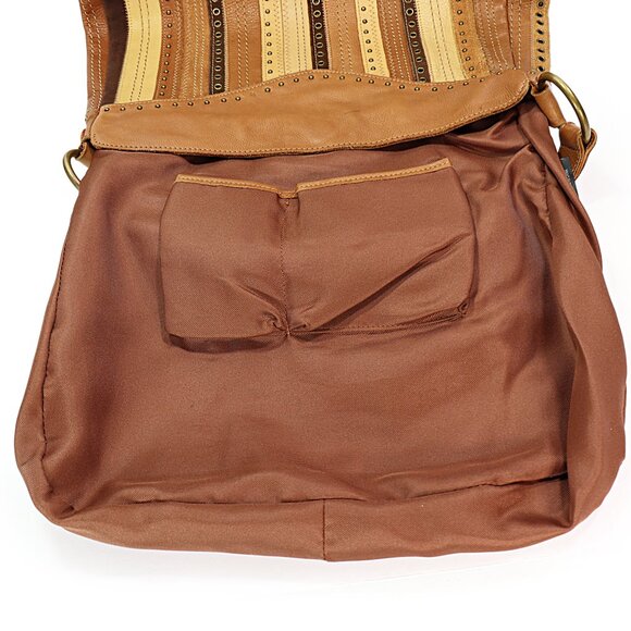 Fossil Leather & Suede Striped Hobo Bag Studded Riveted Brown & Tan Shoulder Bag - Picture 11 of 12